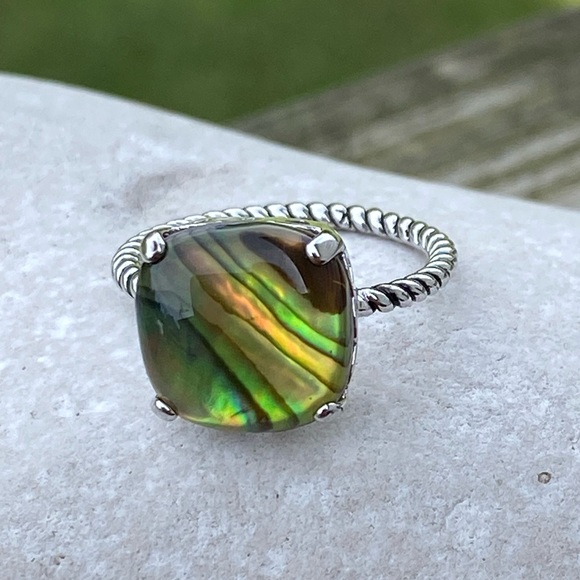 Green Abalone ring size 7 silver plated twist design band - Picture 8 of 11